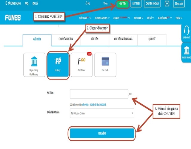 Gửi tiền Fun88 qua Fastpay
