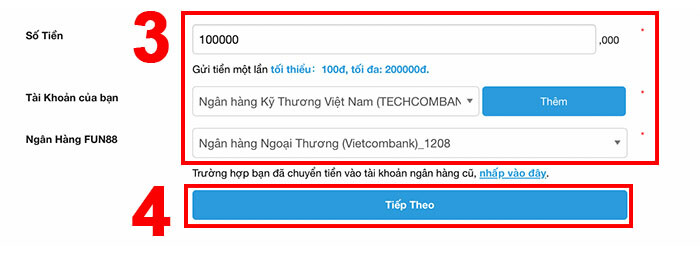 Điền thông tin nạp tiền Fun88